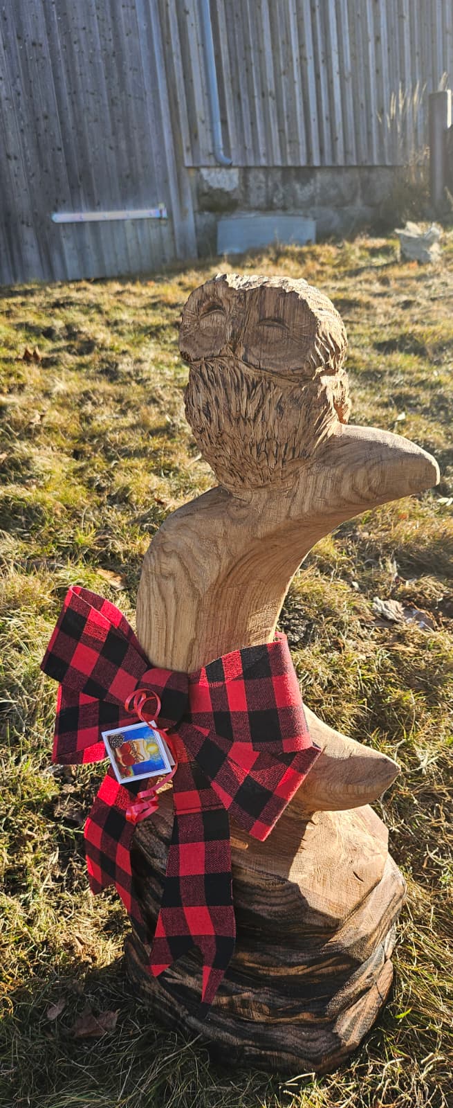 ndividuelle Holzkunst im Außenbereich: Diese dekorative Eule verleiht den Freiflächen unserer Einrichtung eine einladende und persönliche Note.